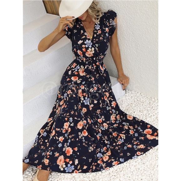 Rouge! Dresses & Skirts - Floral Dress Surplice Overlapping V Neck Fit & Flare Maxi Long Blue Tie Belt